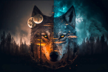 Wolf and forest. The concept of protecting wildlife and green planet. Generated AI