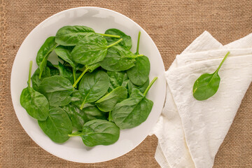 Fresh green spinach leaves in white plate with white linen napkin on jute cloth, macro, top view.