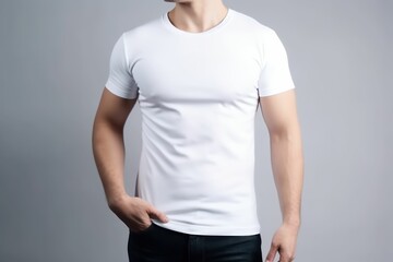 White man model wearing a plain white short sleeved t-shirt, isolated on a blank background. Mock-up, torso only. Generative AI illustration.