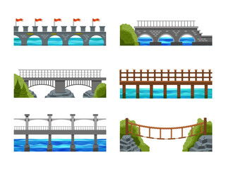 Bridges across river water. Isometric metal arch in city. Travel road landscape. Trees and building constructions. Stone and wood footbridges. Vector illustration scenery elements set