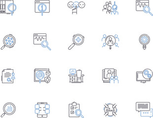 Research and development outline icons collection. Research, Development, Innovation, Adaptation, Experimentation, Advancement, Analysis vector and illustration concept set. Modification, Improvement