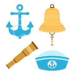 flat nautical set with spyglass, vector illustration