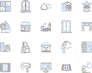 Home furniture outline icons collection. Sofa, Bed, Table, Chair, Couch, Mattress, Chest vector and illustration concept set. Wardrobe, Stool, Bookshelf linear signs