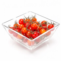 Cherry tomato in the transparent glass bowl, isolated in the pure white background. Still fresh and cleaned. Ready to eat without cooking.