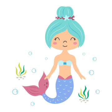 flat vector illustration of cartoon cute mermaid