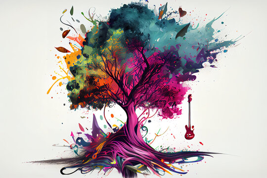 Ink colours on a tree with orange background artist concept. Generative Ai