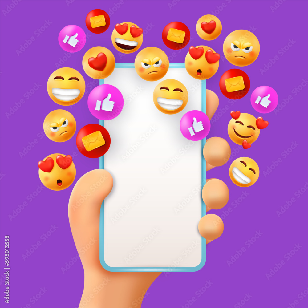 Poster 3d hand hold smartphone with smiling emoji. likes for social media profile, network online messages,