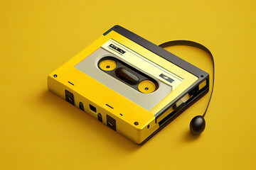 Naklejka premium Classic tape cassette with earphone on yellow background. Generative Ai