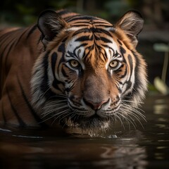 powerful-tiger-crosses-over-water-in-jungle. AI Generated.