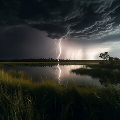 storm-cloud-lightning-strike-reflected-in-body-of-water. AI Generated.