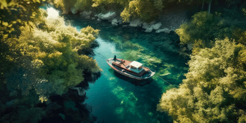 Fototapeta na wymiar Boat moored in a cove with green forests all around aerial view, wallpaper, Generative Ai