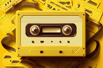 Tape cassette and white headphones. Generative Ai