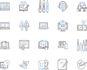 Working conference outline icons collection. Working, Conference, Meeting, Event, Seminar, Summit, Gather vector and illustration concept set. Network, Forum, Program linear signs
