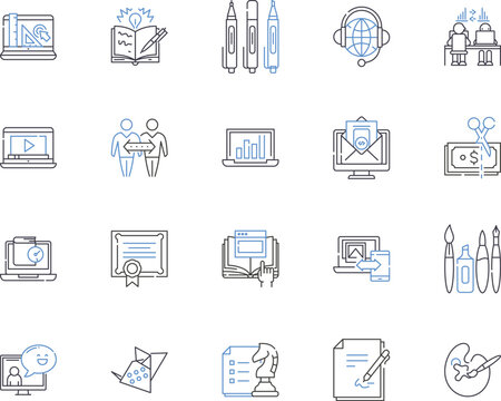 Working conference outline icons collection. Working, Conference, Meeting, Event, Seminar, Summit, Gather vector and illustration concept set. Network, Forum, Program linear signs