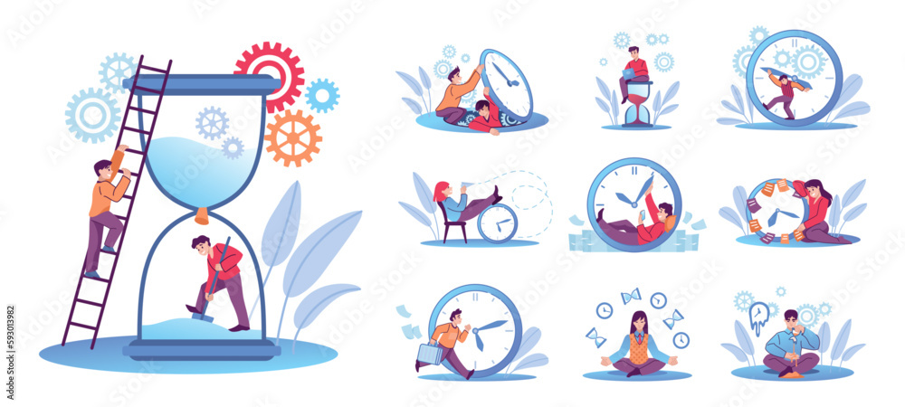 Poster Time management. Schedule control by clock. Tasks or goals planning. Organize with hourglass. Entrepreneurs or training agenda. Hours countdown. Watch dial. Vector abstract characters set
