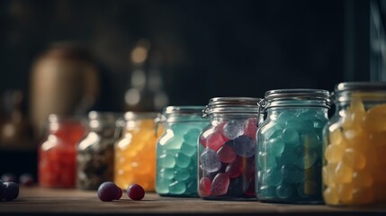 Fototapeta na wymiar a row of glass jars filled with different colored candies. generative ai