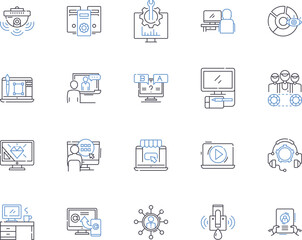 Fototapeta premium Media corporation outline icons collection. Media, Corporation, Publishing, News, Print, Digital, Network vector and illustration concept set. Broadcast, Content, Video linear signs