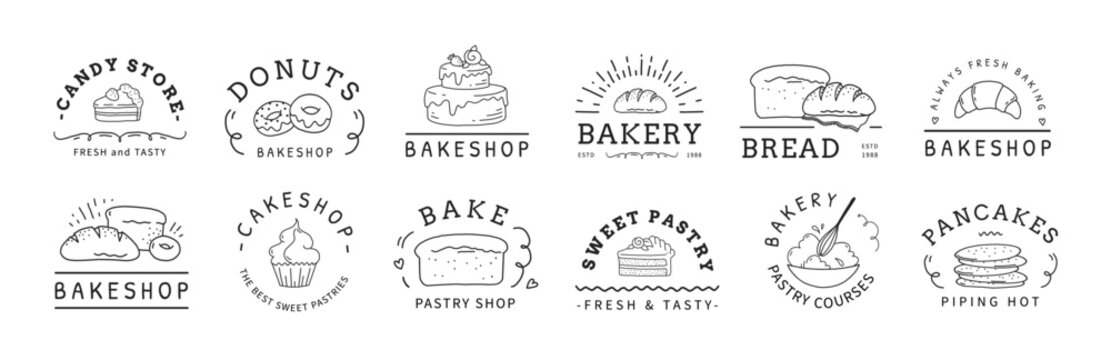 Sweet hand drawn pastry logotype. Homemade food, bakery cuisine, elegant cakes. Simple outline baked pastry logo collection. Cake shop and donuts, candy store and pancakes. Vector graphic icons
