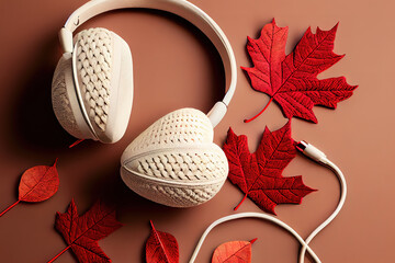 Excellent White headphones with red knitted heart. Generative Ai