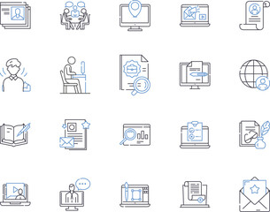 Remote business outline icons collection. Remote, Business, Work, Collaboration, Telecommuting, Communication, Digital vector and illustration concept set. Virtual, Technologies, Remotely linear signs