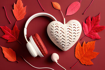 Amazing White headphones with red knitted heart. Generative Ai