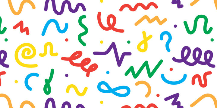90s style kid squiggles, muster pattern. Fun color arts, child party design with confetti, doodle shapes. Funny drawings, cute childish wallpaper design. Vector seamless background