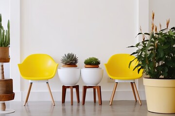 Modern living room with yellow chairs, white walls, and a plant on a display pedestal. Generative AI