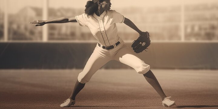 sepia image of female athlete fast pitch softball player,  Generative AI 