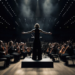 a woman in a black dress standing on a stage with her arms outstretched to the side, surrounded by orchestra members. Dramatic Female Conductor Leading Modern Symphony Orchestra - Generative AI - obrazy, fototapety, plakaty