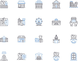 Urban design outline icons collection. Urban, Design, Streetscape, Planning, Landscape, Architecture, Infrastructure vector and illustration concept set. Facade, Community, Civic linear signs