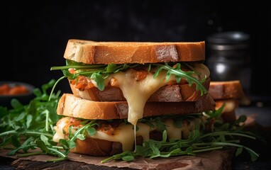 Grilled Hot Sandwiches with Creamy Beans, Tangy Tomato Sauce, Melted Cheddar Cheese, and Fresh Arugula Salad. Food Image with Dark and Moody Background. Generative AI
