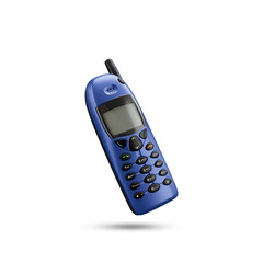 Nokia  6110 Mobile phone from 1997. This is an old vintage and retro mobile phone. A blue cell phone with a black antenna on the top.