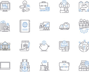 Distribution and warehousing outline icons collection. Distribution, Warehousing, Logistics, Inventory, Supply Chain, Fulfilment, Delivery vector and illustration concept set. Transport, Shipping