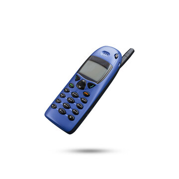 Nokia  6110 Mobile phone from 1997. This is an old vintage and retro mobile phone. A blue cell phone with a black antenna on the top.