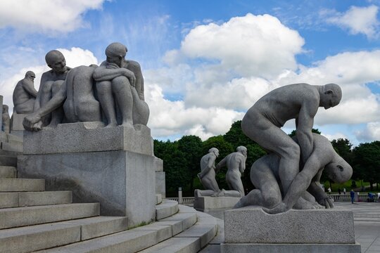 Modern sculptures, human figures in the Vigeland park in Oslo, Norway, the concept of spirituality