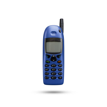 Nokia  6110 Mobile phone from 1997. This is an old vintage and retro mobile phone. A blue cell phone with a black antenna on the top.