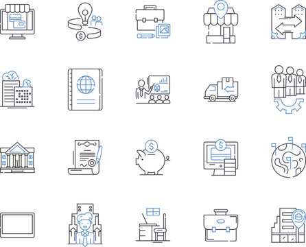 Distribution and warehousing outline icons collection. Distribution, Warehousing, Logistics, Inventory, Supply Chain, Fulfilment, Delivery vector and illustration concept set. Transport, Shipping
