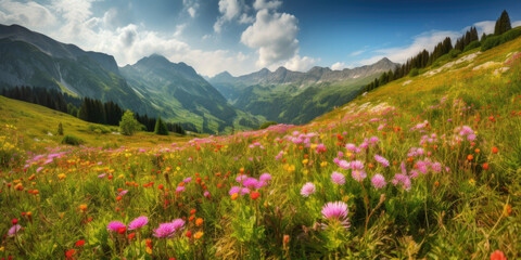 meadow in the alps summer, beautiful, mountains with bright green grass, Generative Ai