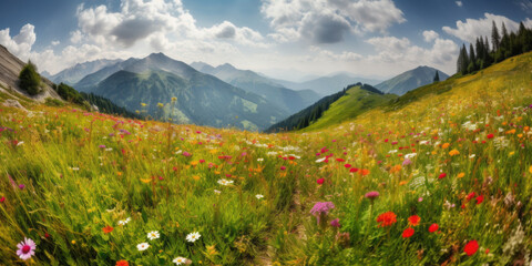 meadow in the alps summer, beautiful, mountains with bright green grass, Generative Ai