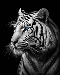 Generated photorealistic portrait of an albino tiger with blue eyes in black and white format
