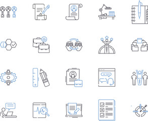 Office and managers outline icons collection. Office, Managers, Supplies, Employees, Documents, Organization, Technology vector and illustration concept set. Chairs, Desks, Administration linear signs