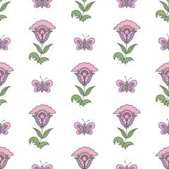 springtime flowering seamless pattern with butterflies on a white background