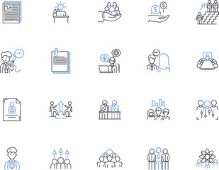 Office outline icons collection. Workplace, Desk, Chair, Computers, Stationery, Printer, Filing vector and illustration concept set. Management, Supplies, Clerical linear signs