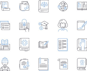 Book and science outline icons collection. Book, Science, Reading, Writing, Literature, History, Publishing vector and illustration concept set. Edition, Distribution, Printing linear signs