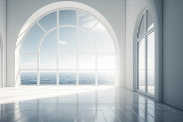 Interior of a white arch wall with a window and a sky backdrop. Generative AI