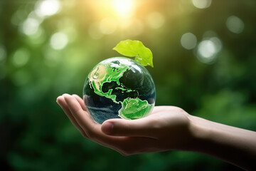 Hand of human holding green world with environment icon, Save world, sustainable environment concept