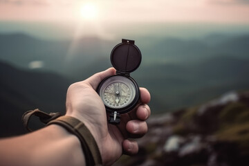 Compass and map in hands of traveler for checking and searching position and direction at the top of peak of mountain while hiking for camping