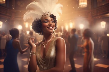 Roaring 20's African American flapper girl in a bar 