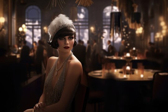 Roaring 20's brunette flapper girl in a bar created with generative ai