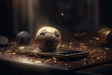 online betting on the football championship. smartphone, dollar coins and soccer ball. 3D render. Generative AI